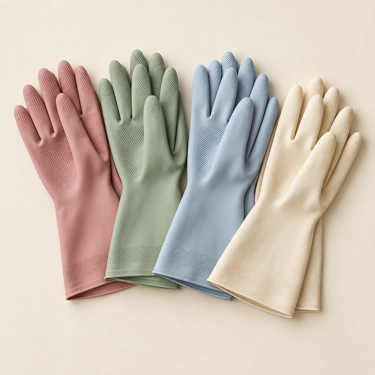 Four pairs of reusable cleaning gloves in muted rose, sage, blue and cream