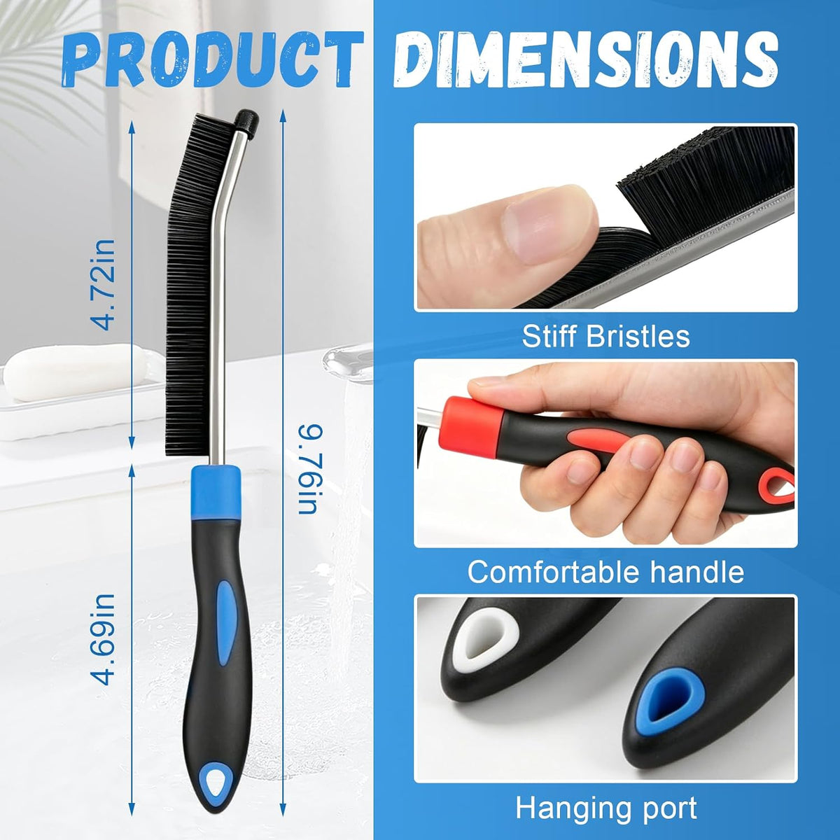Crevice brush dimensions with stiff bristle, grip and hanging-loop details