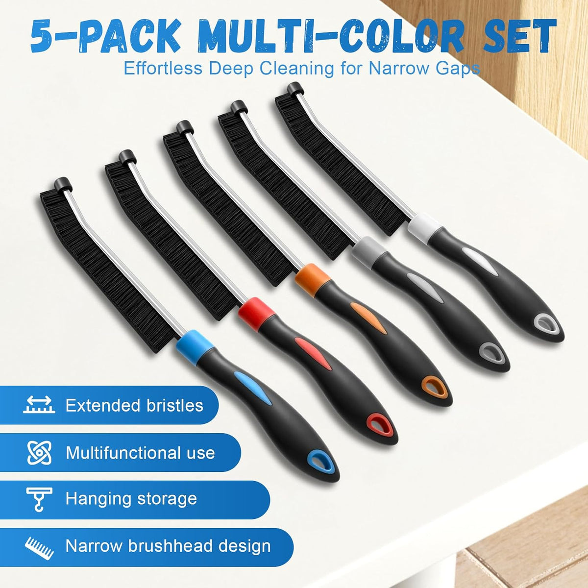 Five color-coded narrow cleaning brushes and their key storage features