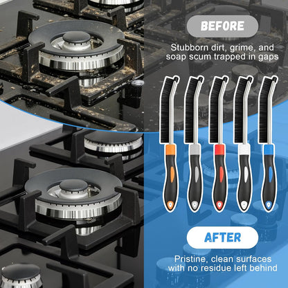 Before and after example of crevice brushes cleaning a cooktop