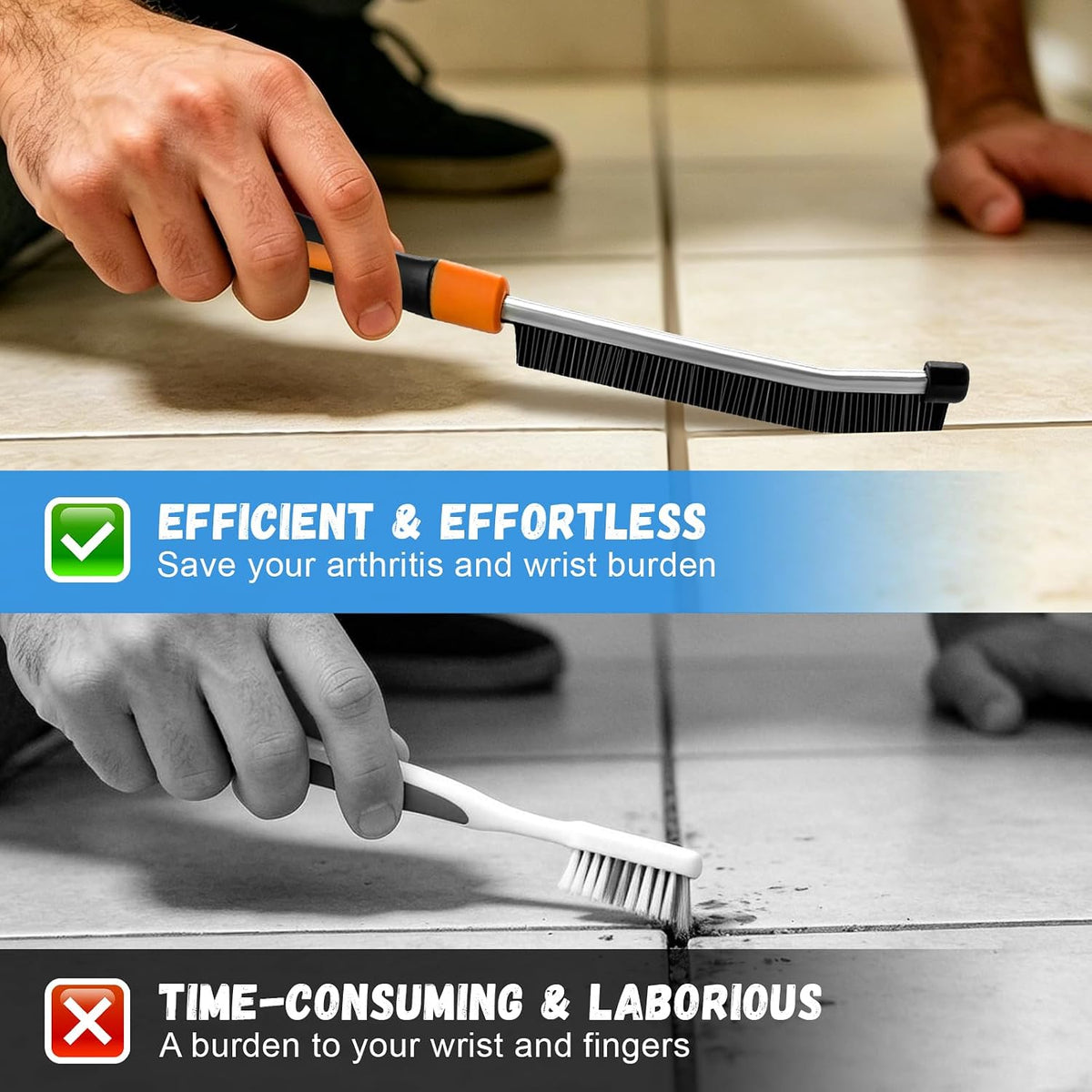 Long crevice brush used along narrow tile grout lines
